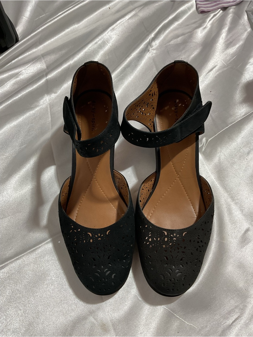 Black Women's Laser-Cut Ankle Strap Flats -